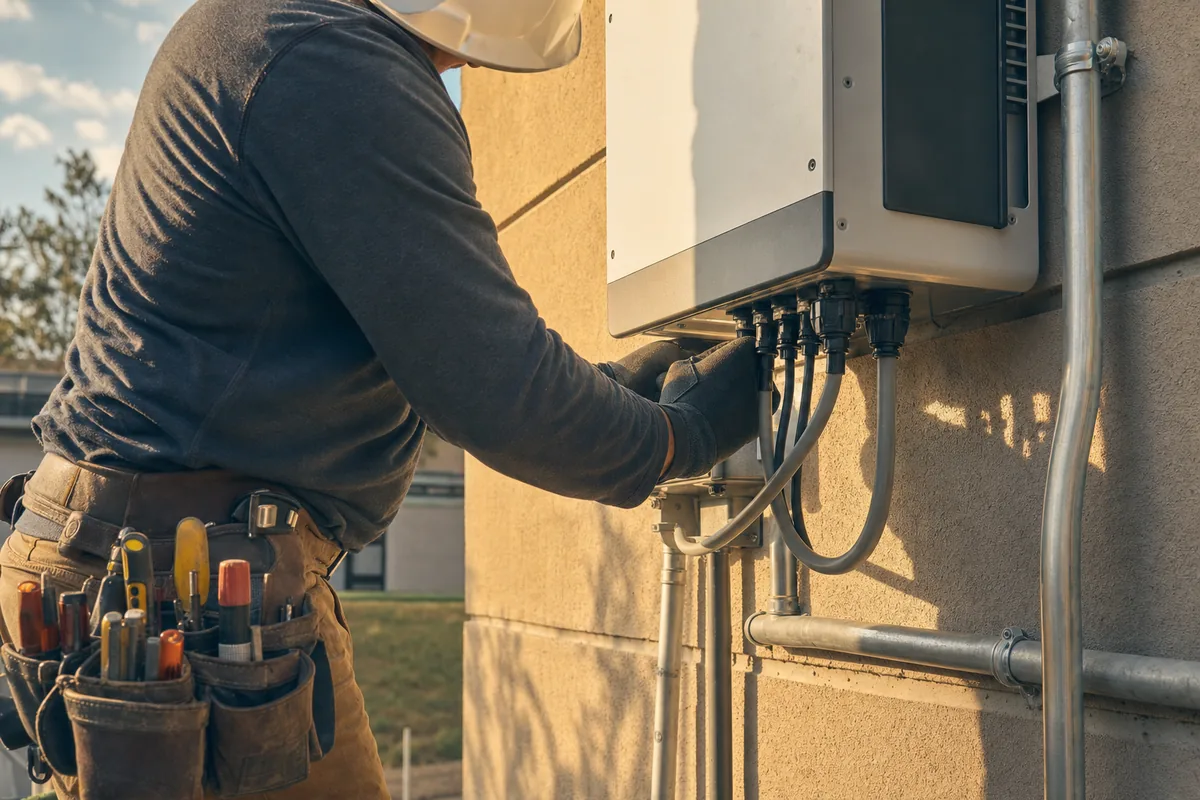 A technician wiring conduit and an inverter on the exterior wall of a commercial building.