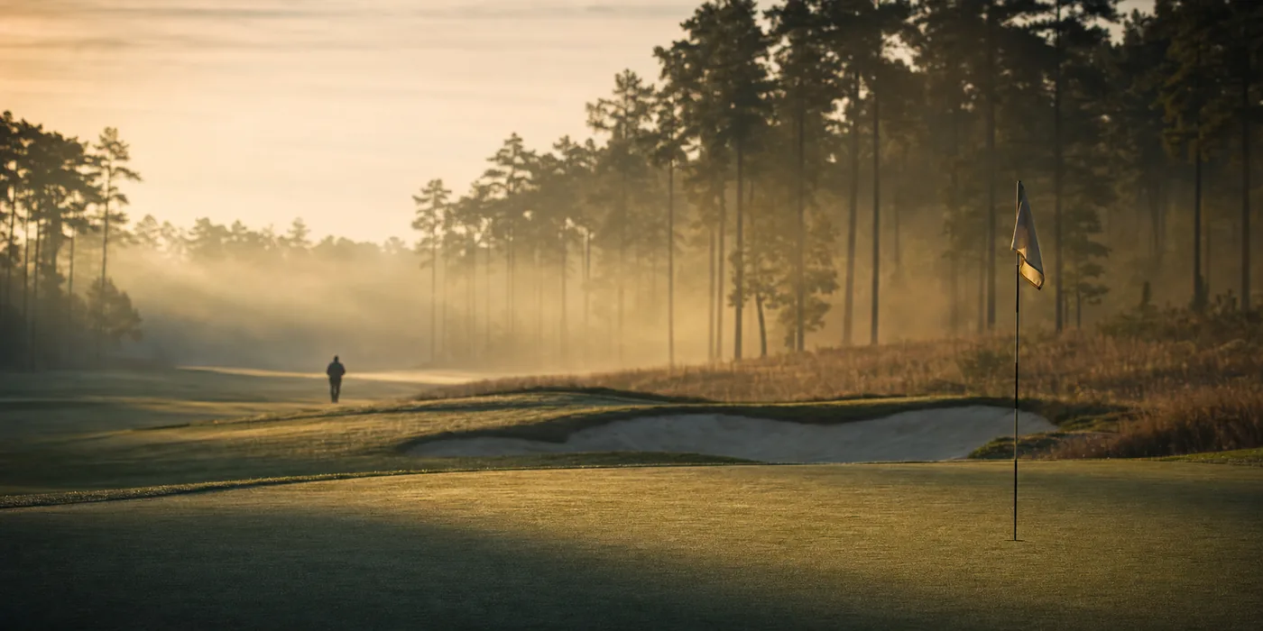 A flagstick on a misty golf green at sunrise, with a distant figure walking the fairway — an illustrative scene, not a photograph of Brandon Vitek.
