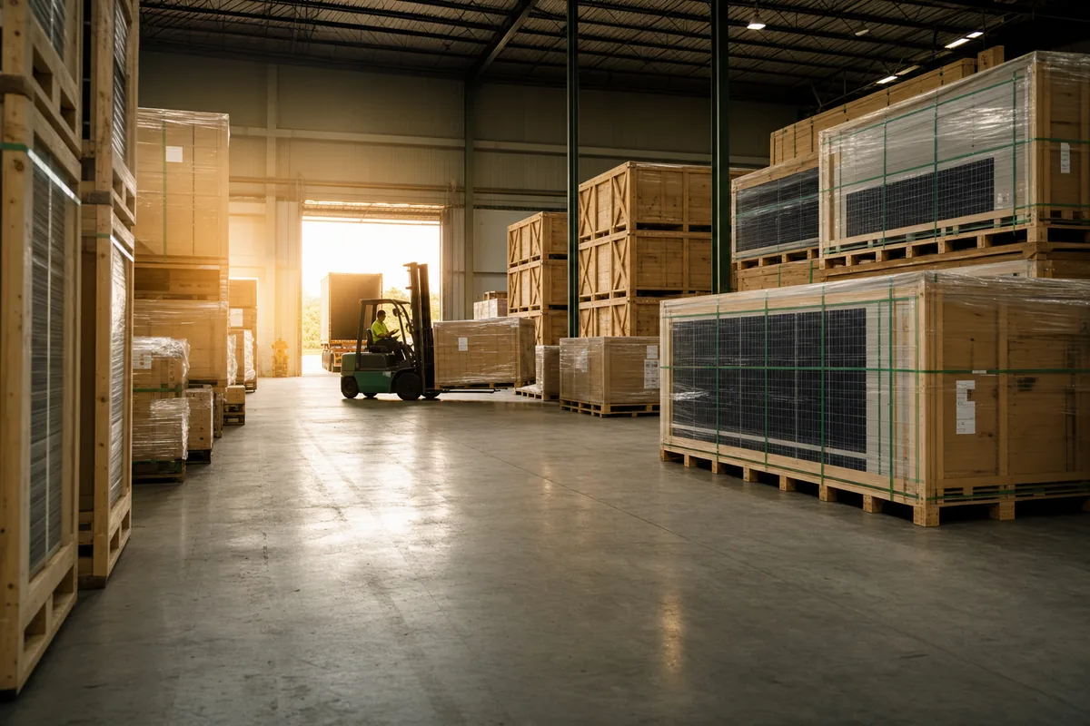 Warehouse dock with pallets of packaged solar modules and a forklift beside an open container door.