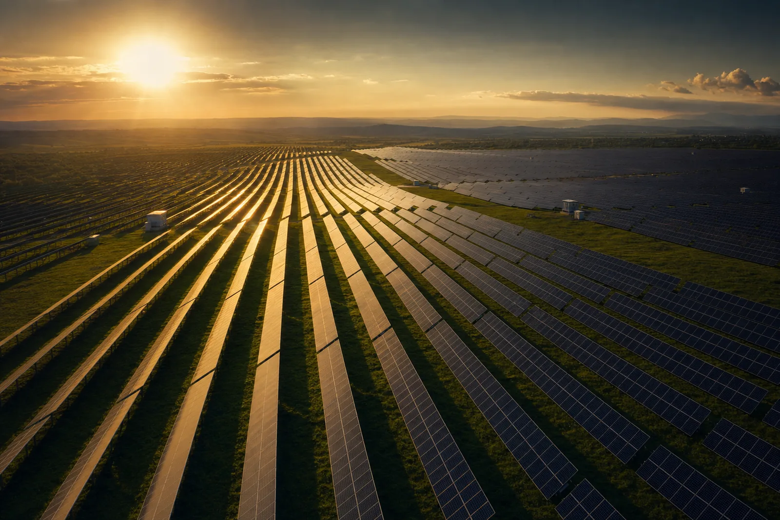 Aerial view of long rows of utility-scale solar tracker arrays across green land at golden hour.
